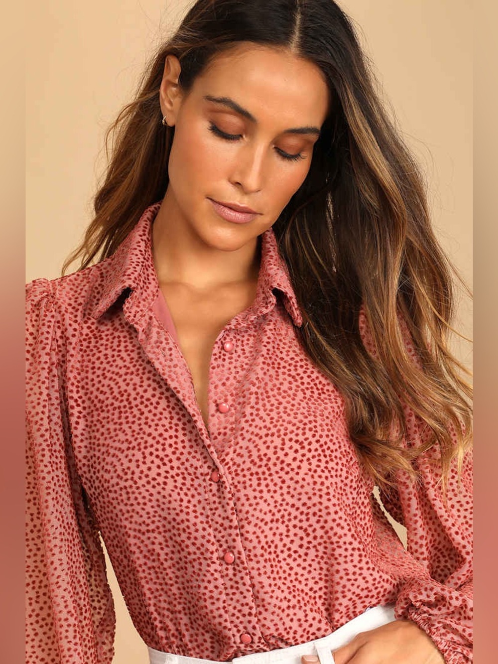 Lulus Top M Positive Influences Pink Dotted Long Sleeve Button Up Flocked Sheer - Picture 2 of 16
